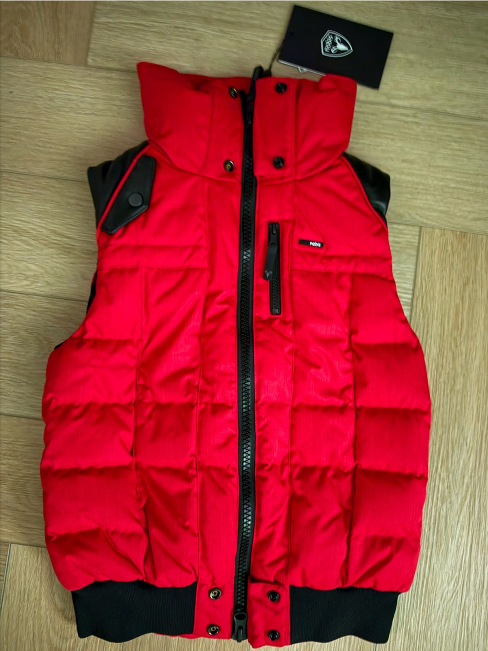 Nobis Meego womens Red Puffer Jacket vest ski retro Blk leather Trim XS $475